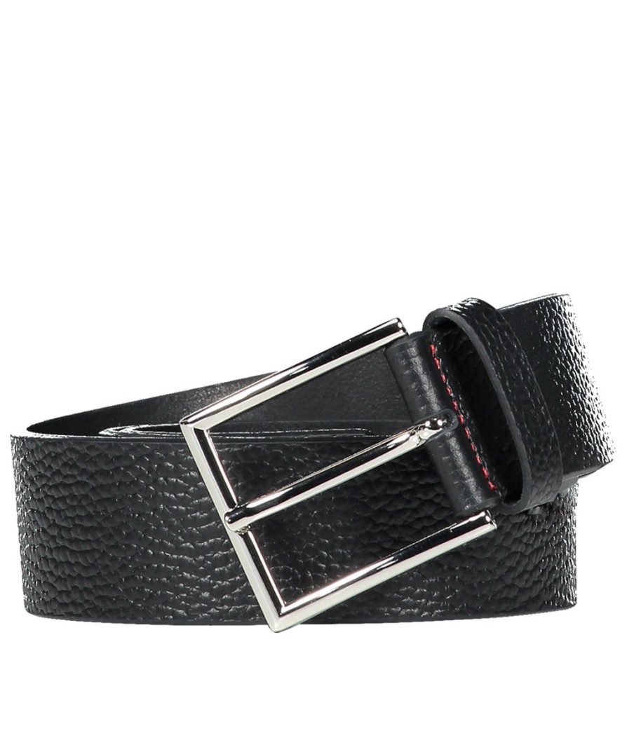 Men Hugo Hugo | Giaspo Grained-Leather Belt With Logo-Stamped Keeper - Black