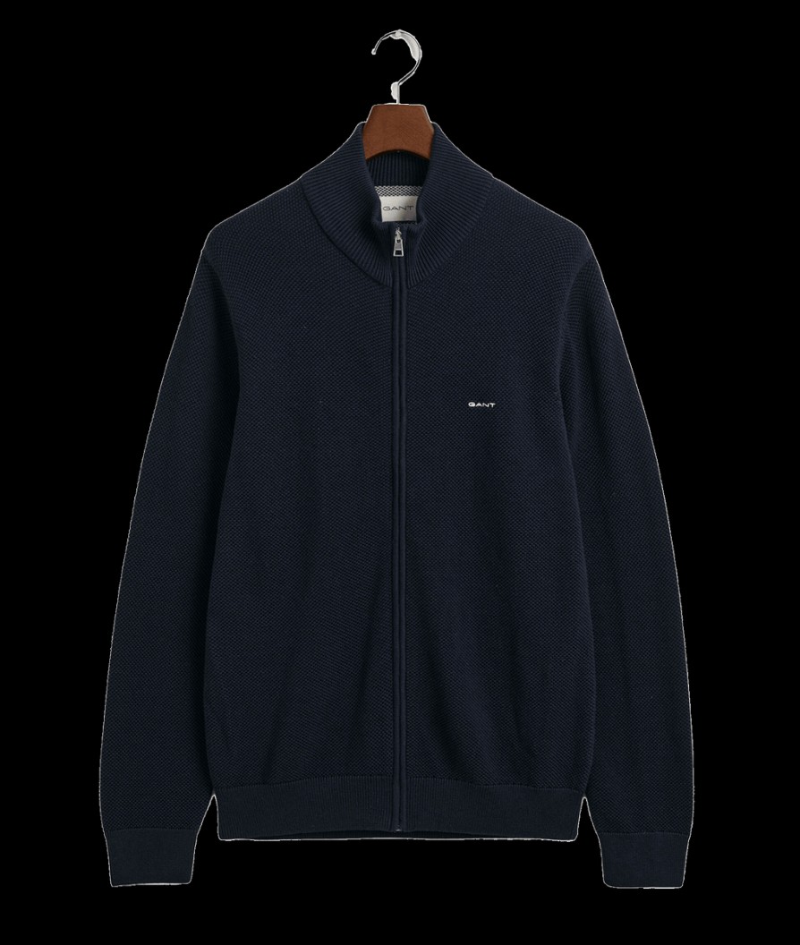 Men Gant Knitwear | Cotton Pique Zip Cardigan - Evening Blue