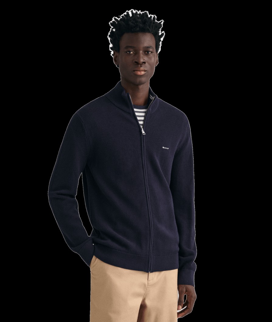 Men Gant Knitwear | Cotton Pique Zip Cardigan - Evening Blue