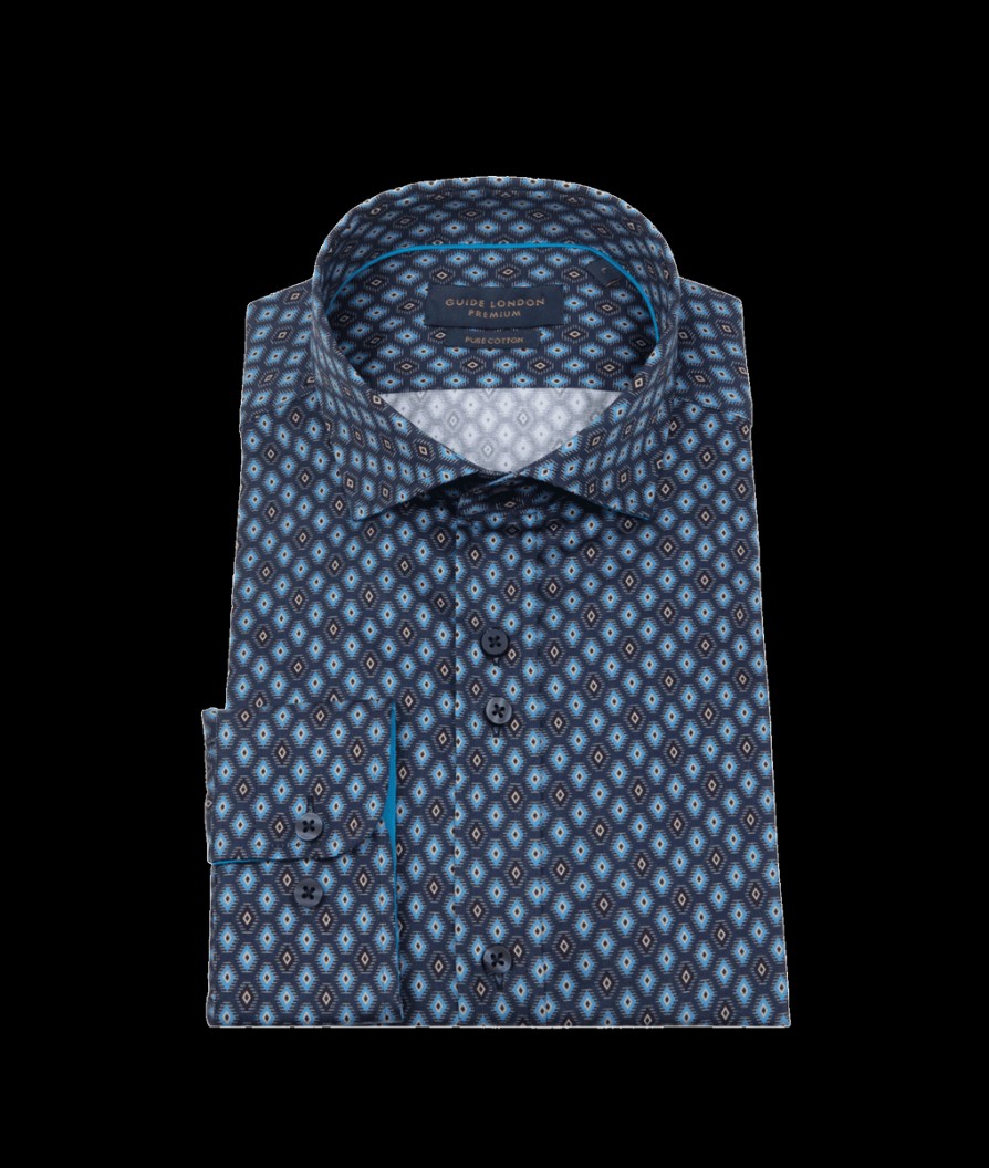 Men Guide London Shirts | Geometric Pattern Long Sleeve Shirt - Navy