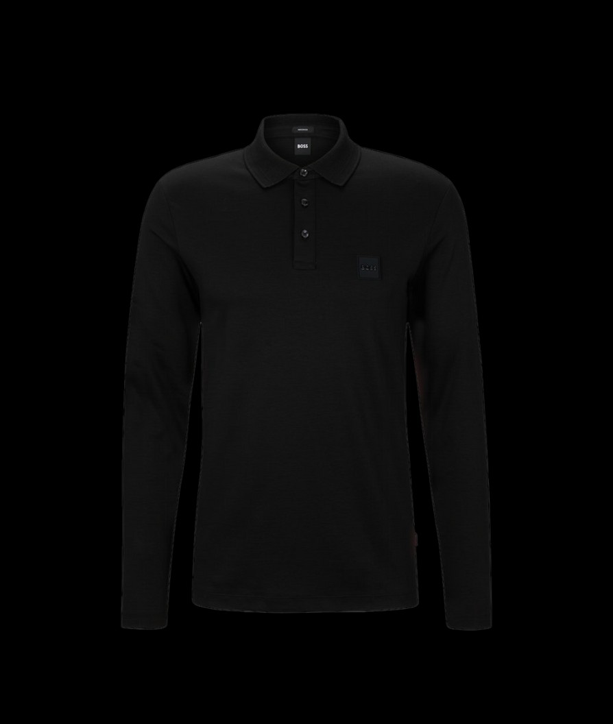 Men Boss Black Polo Shirts | Pado 08 Mercerised-Cotton Polo Shirt - Black