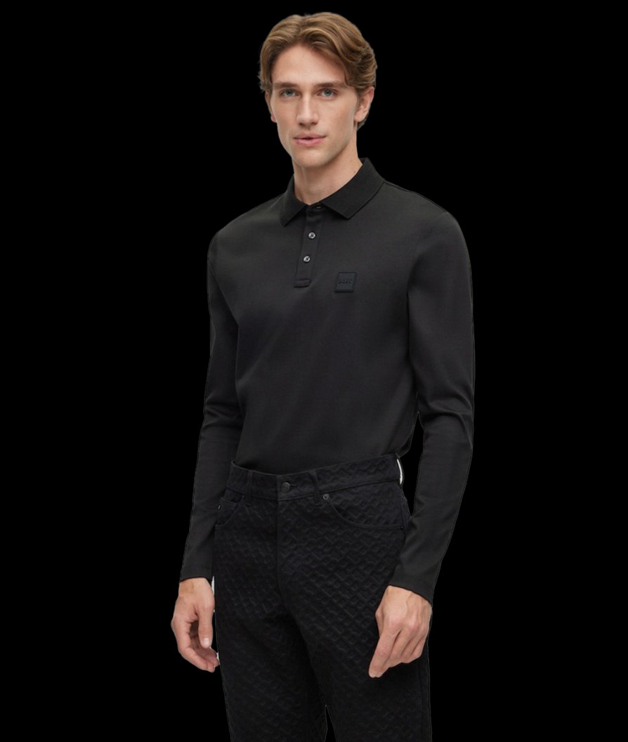 Men Boss Black Polo Shirts | Pado 08 Mercerised-Cotton Polo Shirt - Black