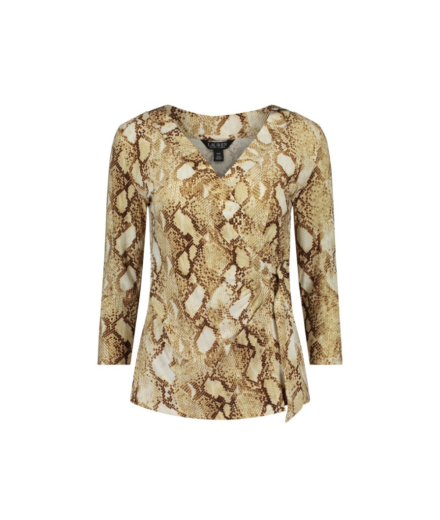 Women Lauren by Ralph Lauren Lauren By Ralph Lauren | Snake Skin Print V-Neck Stretch Jersey Top - Multi