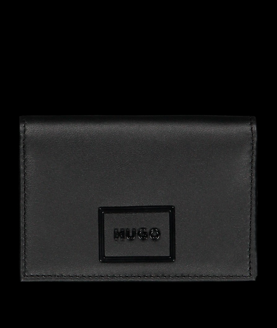 Men Hugo Wallets | Patch Logo Leather Flap Card Holder - Black