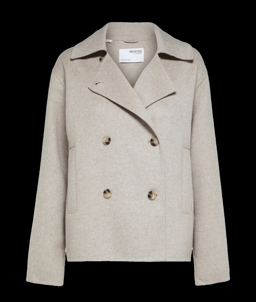 Women Selected Femme Jackets & Coats | Short Double-Breasted Wool Coat - Sandshell