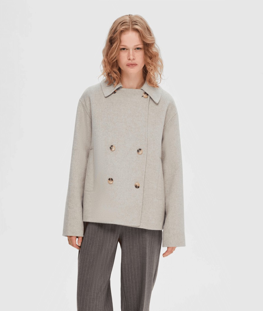 Women Selected Femme Jackets & Coats | Short Double-Breasted Wool Coat - Sandshell