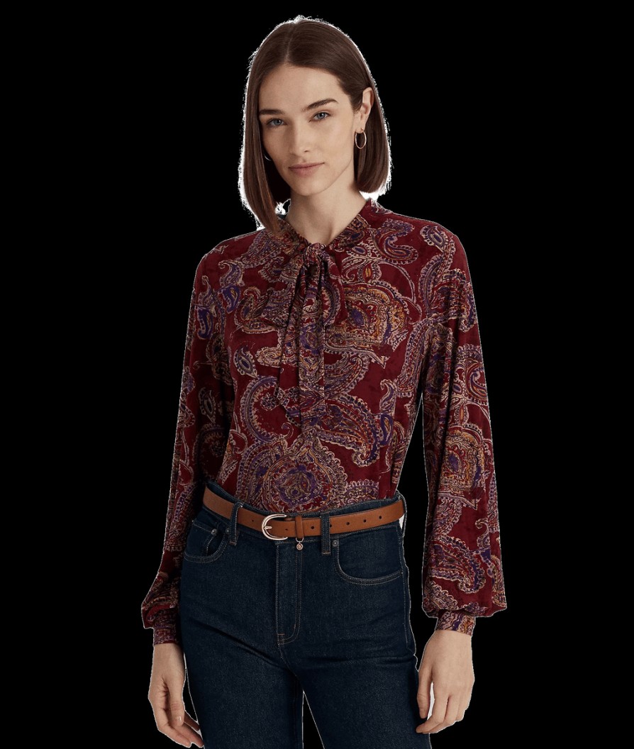 Women Lauren by Ralph Lauren Lauren By Ralph Lauren | Paisley Tie-Neck Stretch Jersey Top - Burgundy Multi