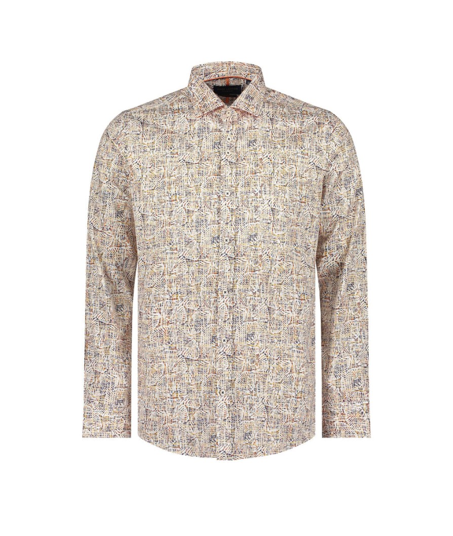 Men Guide London Shirts | Long Sleeve Distresed Fan Print Shirt - White/Tan