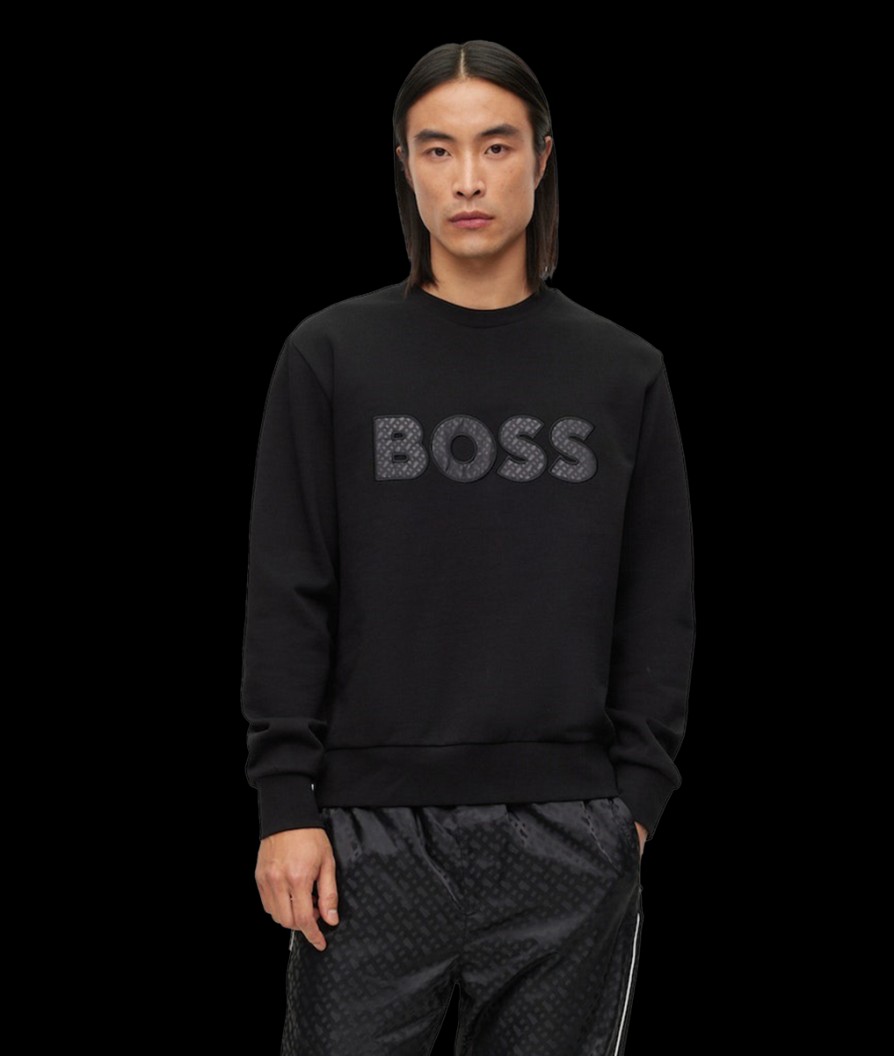 Men Boss Black Hoodies & Sweatshirts | Soleri 01 Logo-Patch Cotton Sweatshirt - Black