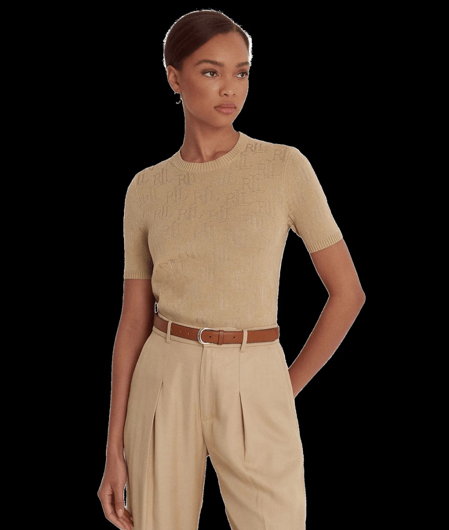 Women Lauren by Ralph Lauren Lauren By Ralph Lauren | Monogram Jacquard Short Sleeve Jumper - Birch Tan