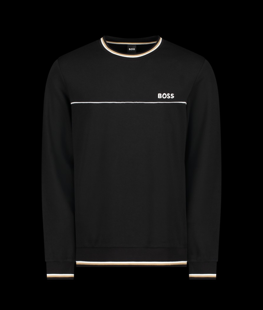 Men Boss Bodywear Hoodies & Sweatshirts | Core Loungewear Contrast Stripe Crew Sweat Top - Black