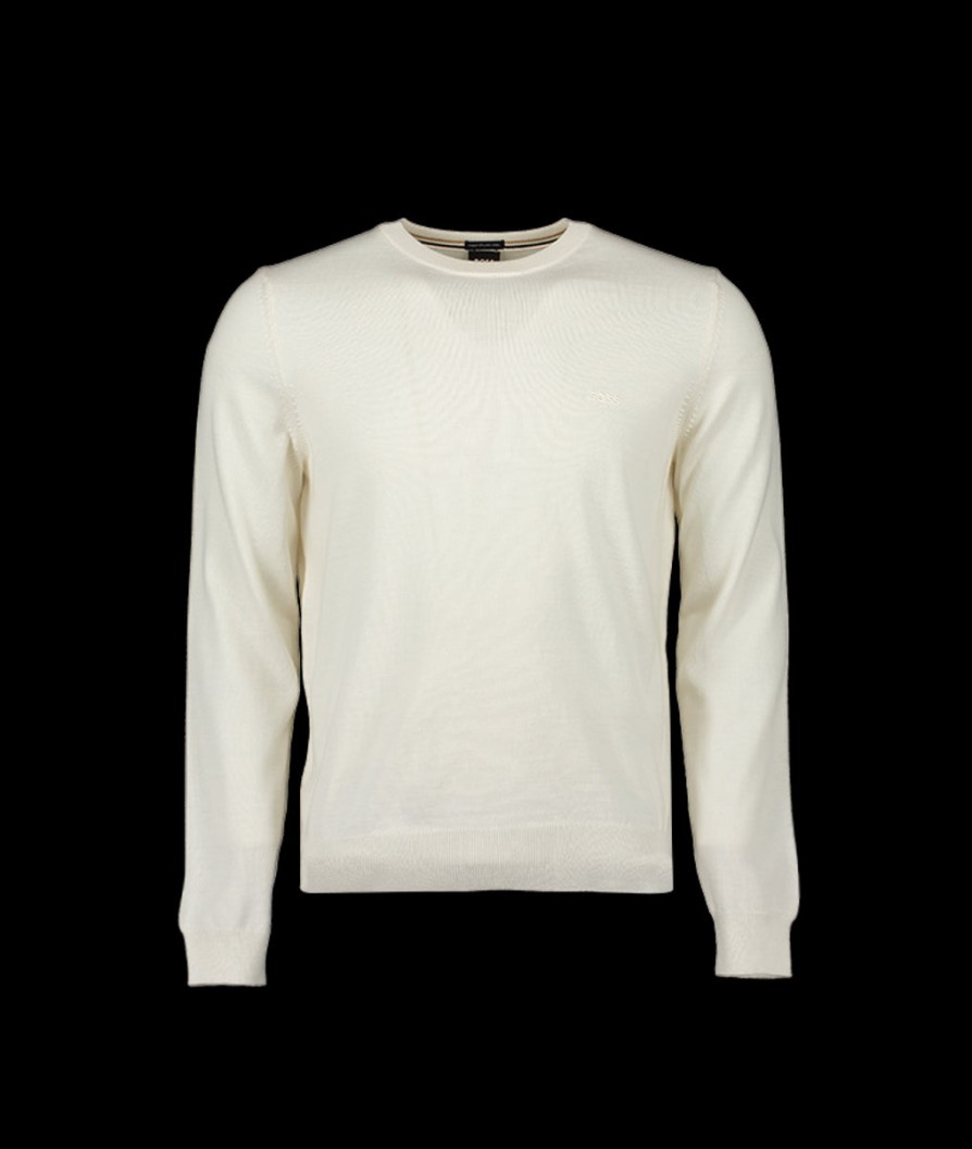 Men Boss Black Knitwear | Logo Embroidered Sweater - Open White