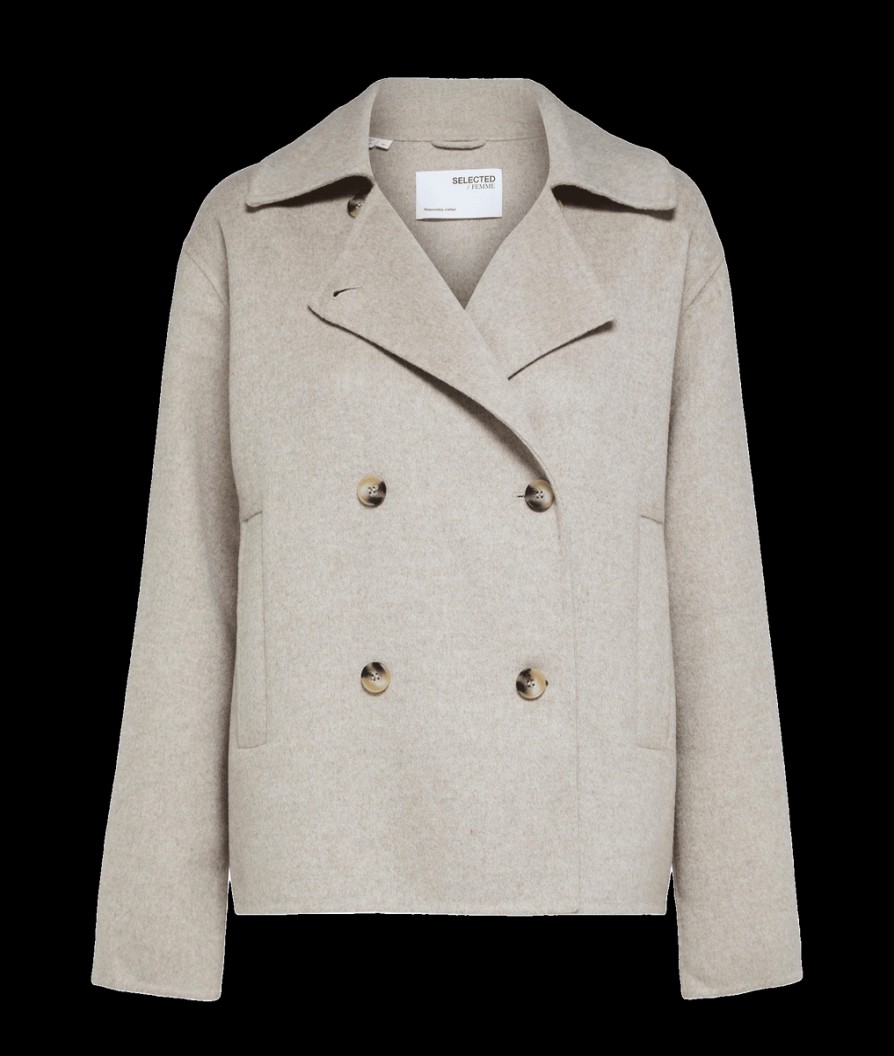 Women Selected Femme Selected Femme | Short Double-Breasted Wool Coat - Sandshell