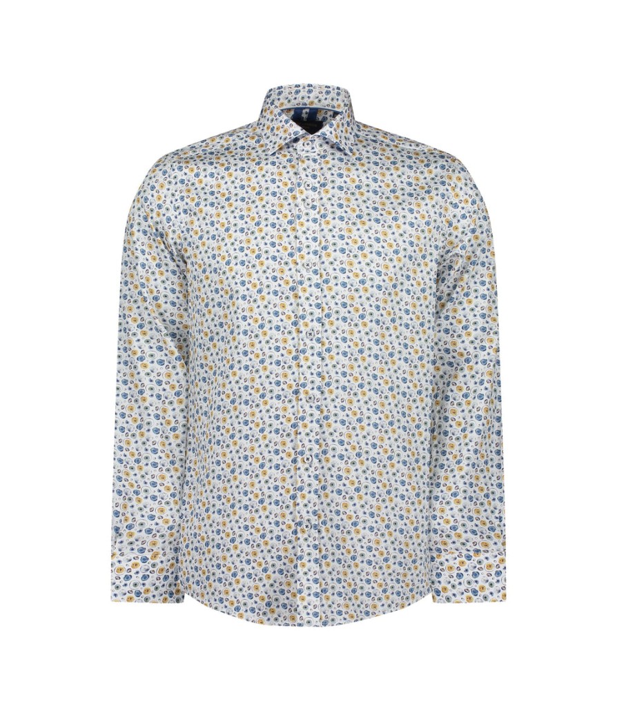 Men Guide London Shirts | Long Sleeve Geometric Print Shirt - White/Tan