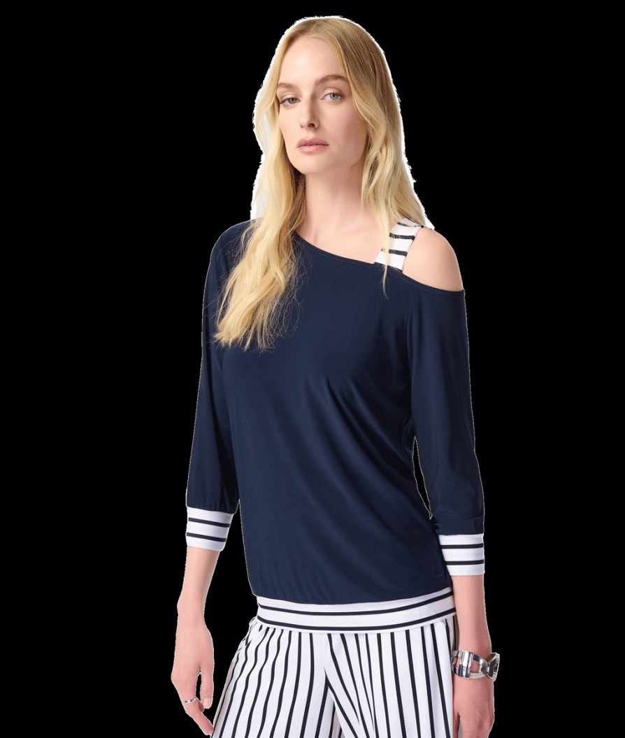 Women Joseph Ribkoff Tops | Striped Detail Asymmetric Top - Navy