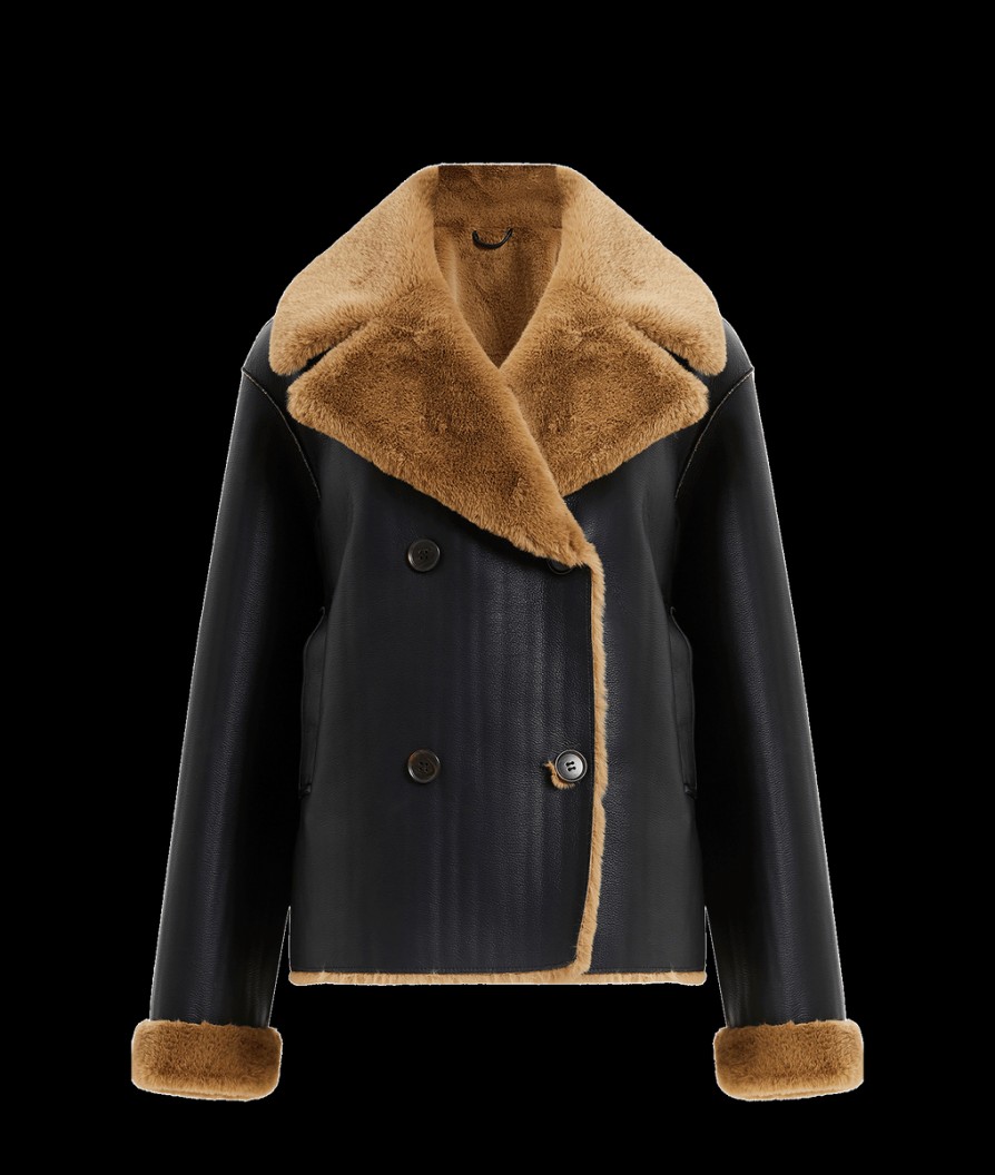 Women French Connection French Connection | Cerys Pu Faux Fur Jacket - Blackout/Tobacco Brown