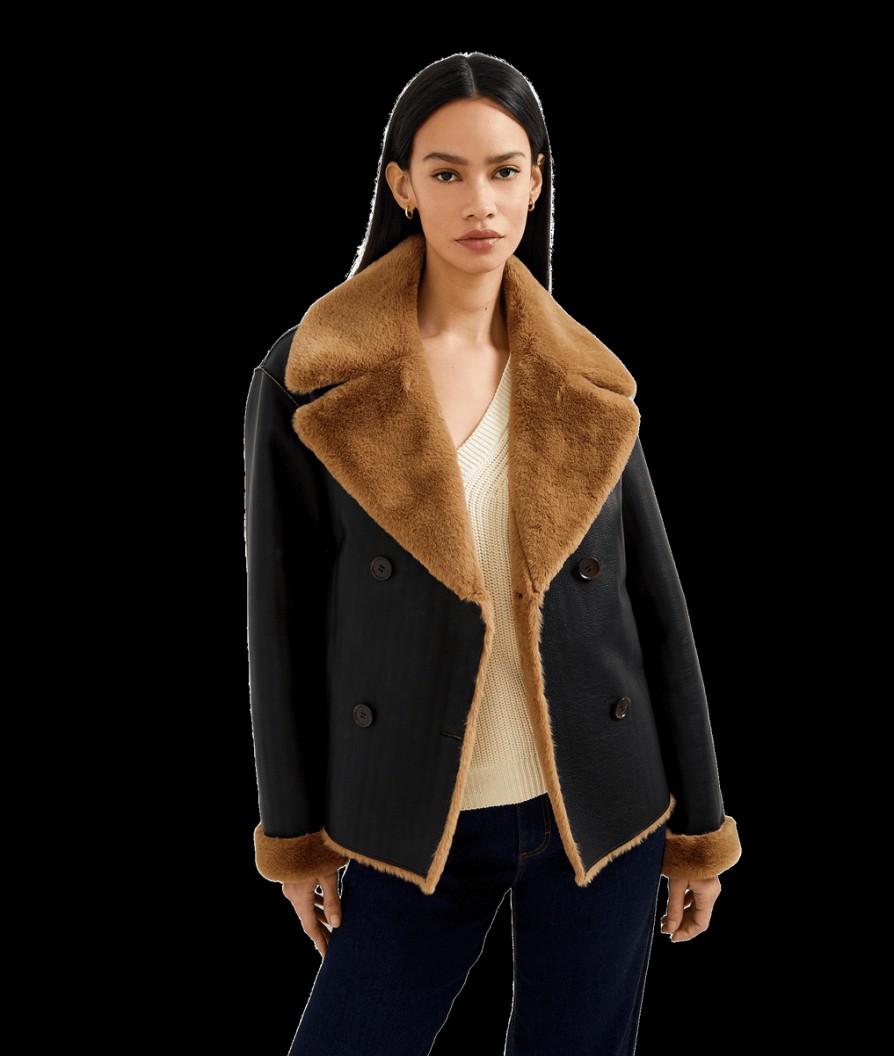 Women French Connection French Connection | Cerys Pu Faux Fur Jacket - Blackout/Tobacco Brown