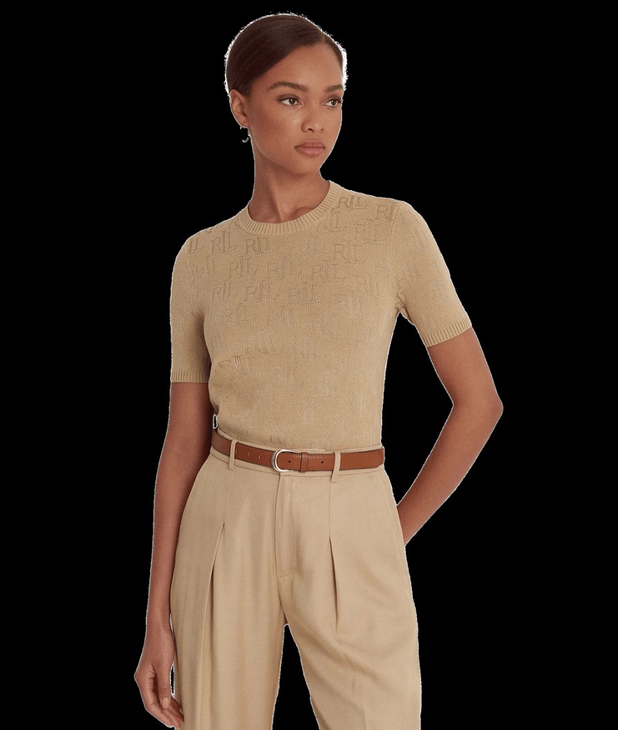 Women Lauren by Ralph Lauren Tops | Monogram Jacquard Short Sleeve Jumper - Birch Tan