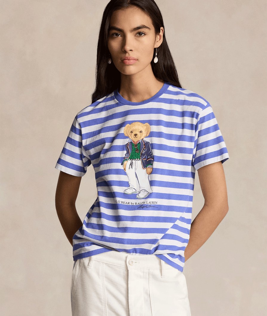 Women Polo Ralph Lauren Polo Ralph Lauren | Polo Bear Striped Cotton Tee - Resort Blue/White Stripe