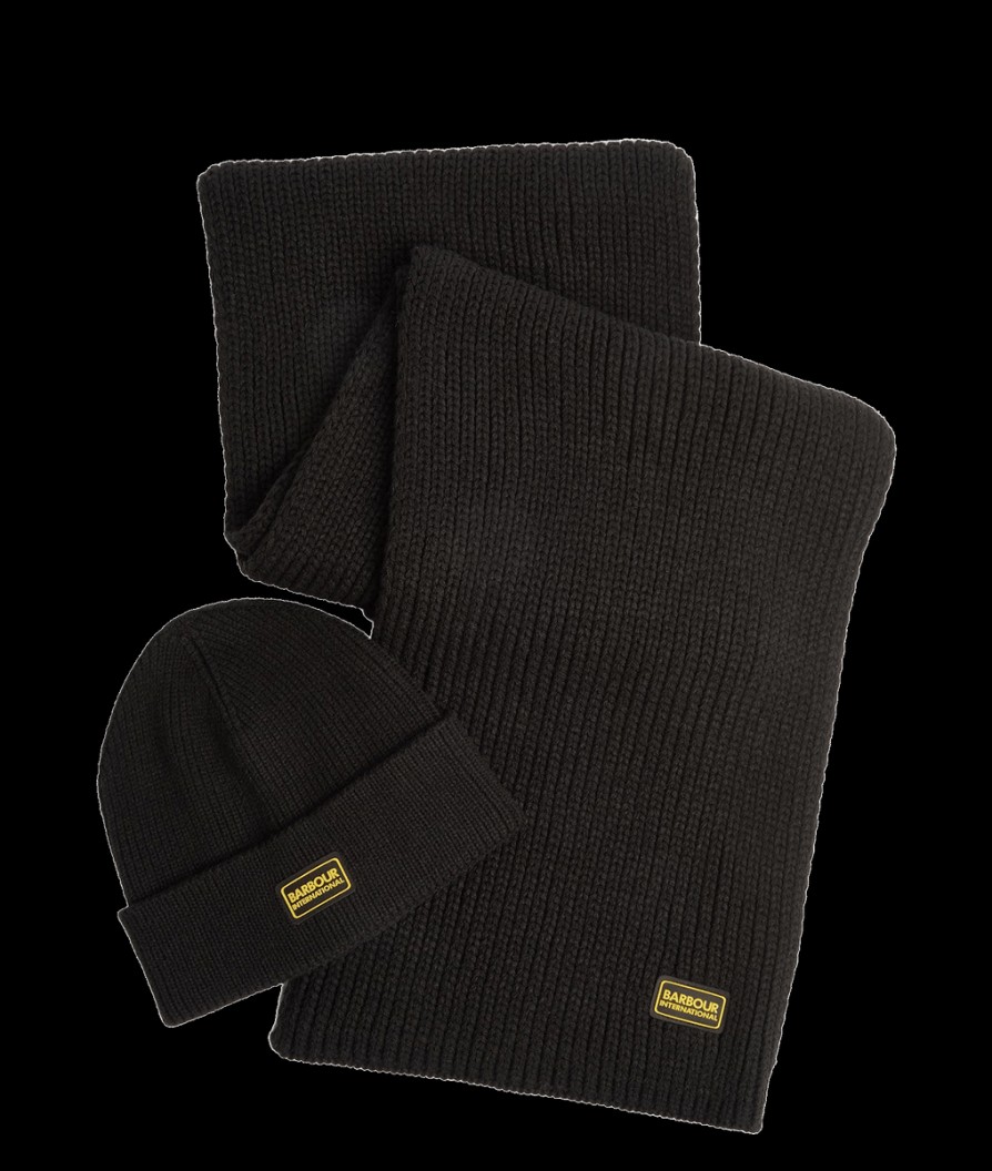 Men Barbour International Hats | Sweeper Legacy Beanie & Scarf Gift Set - Black