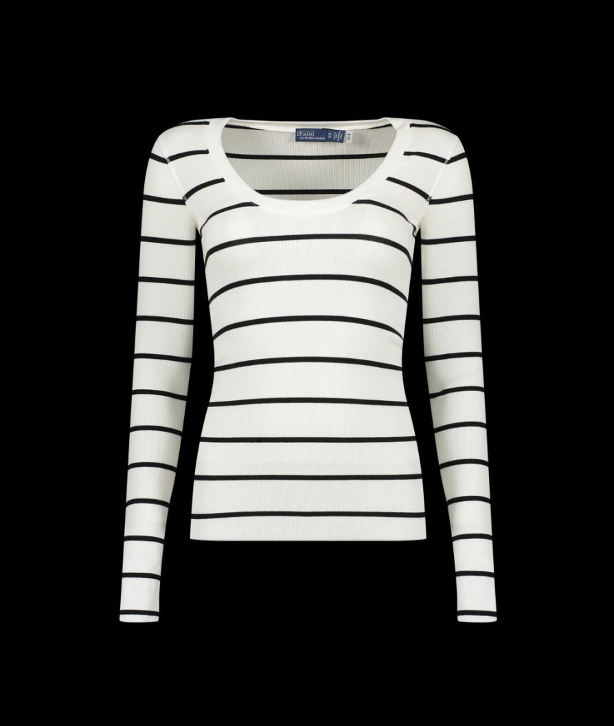 Women Polo Ralph Lauren Tops | Striped Long-Sleeve Sweatshirt - White/Polo Black