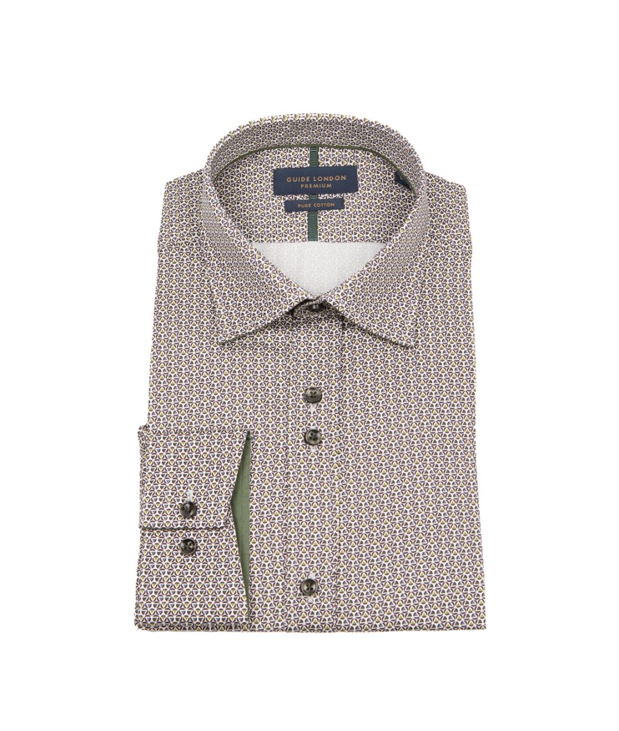 Men Guide London Shirts | Long Sleeve Geometric Cotton Shirt - White/Green