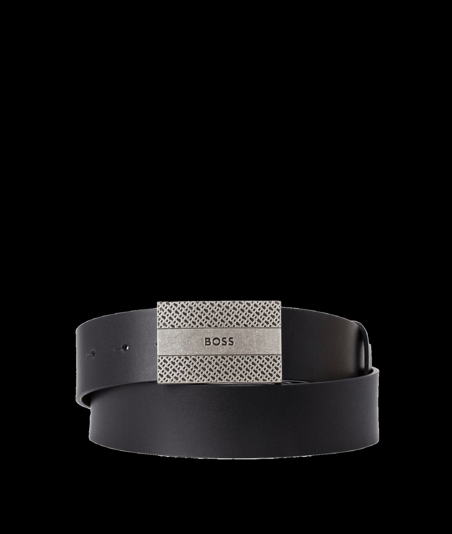 Men Boss Bodywear Boss | Leather Belt With Monogram And Logo Plaque Buckle - Black