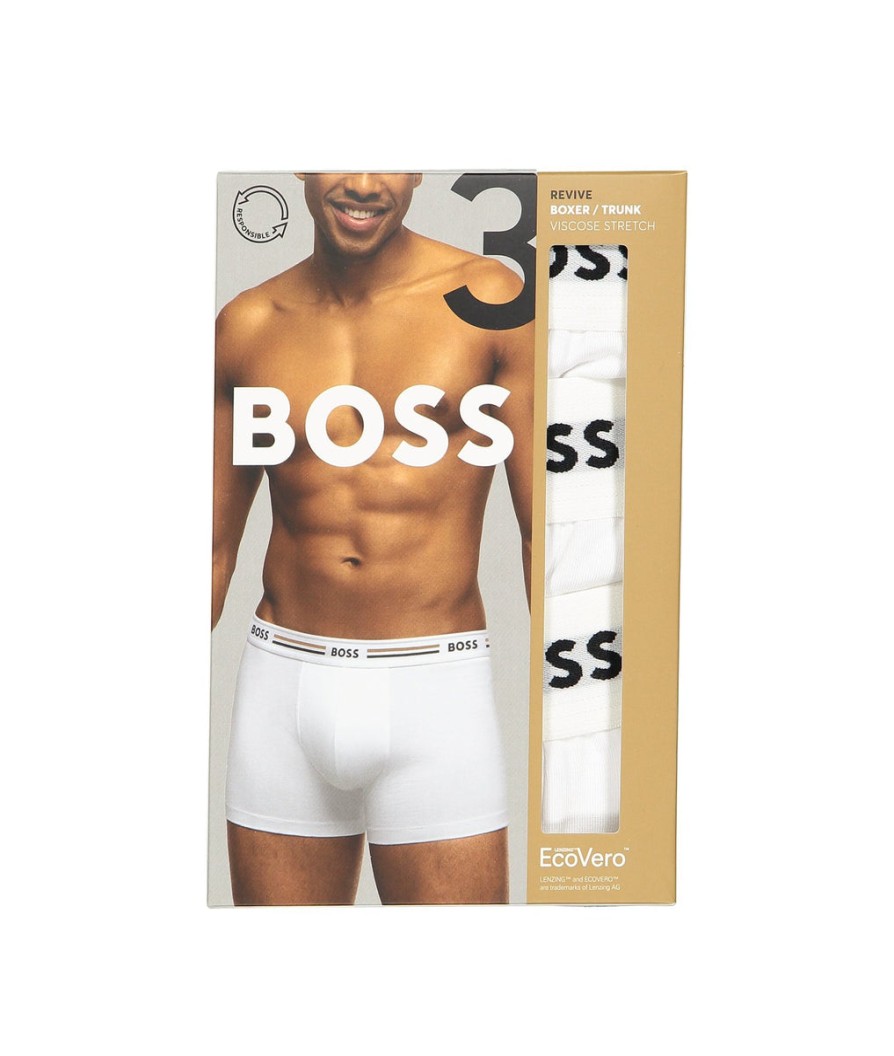 Men Boss Bodywear Underwear & Socks | Three-Pack Of Soft-Touch Stretch Trunks With Logo Waistbands - White