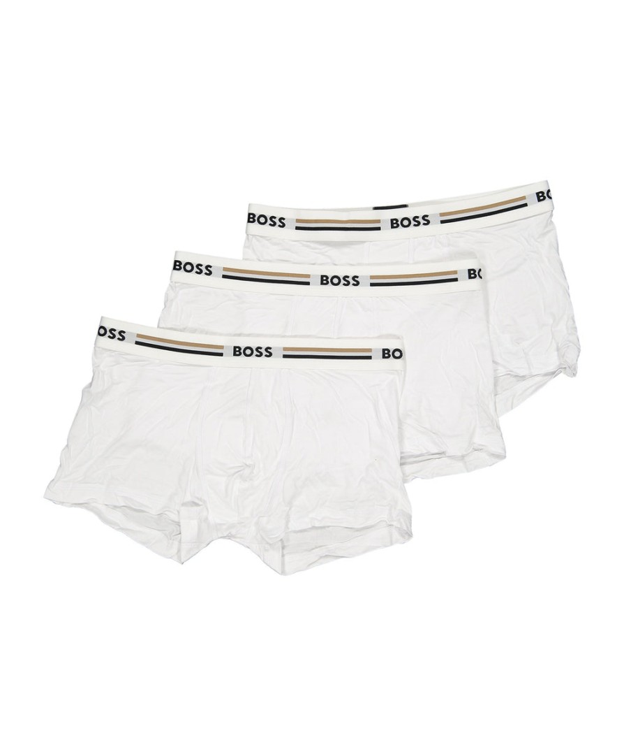 Men Boss Bodywear Underwear & Socks | Three-Pack Of Soft-Touch Stretch Trunks With Logo Waistbands - White