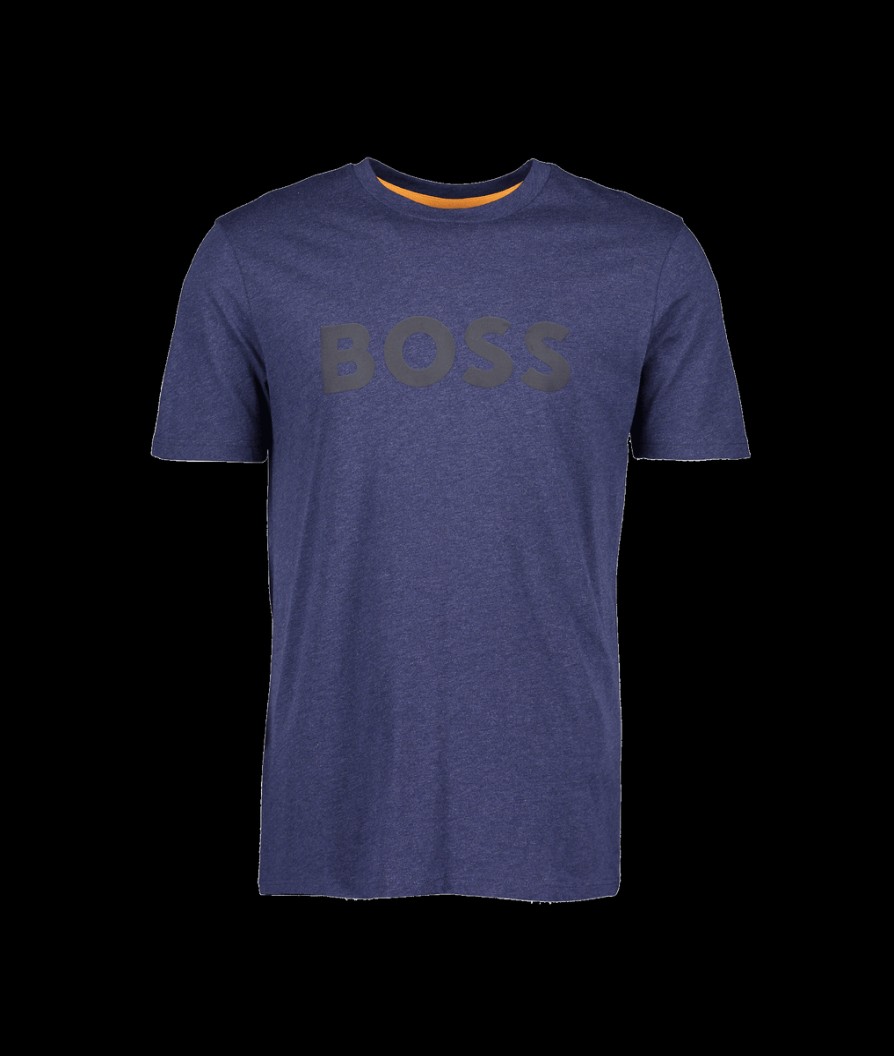 Men Boss Orange T-Shirts & Vests | Cotton-Jersey T-Shirt With Rubber-Print Logo - Navy