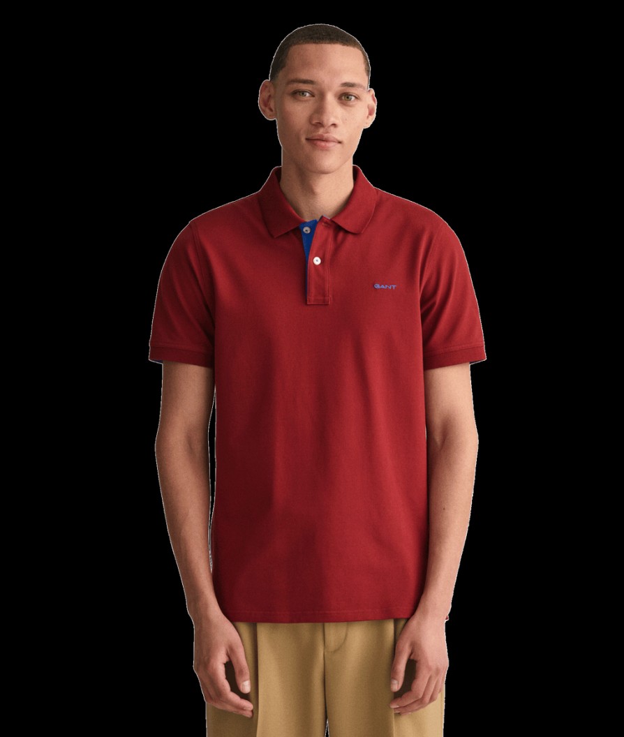 Men Gant Polo Shirts | Contrast Pique Polo Shirt - Plumped Red