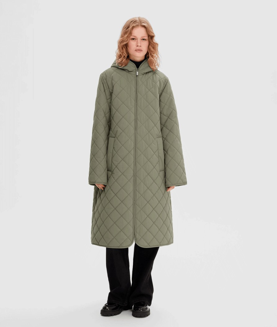 Women Selected Femme Jackets & Coats | Long Quilted Jacket - Dusky Green