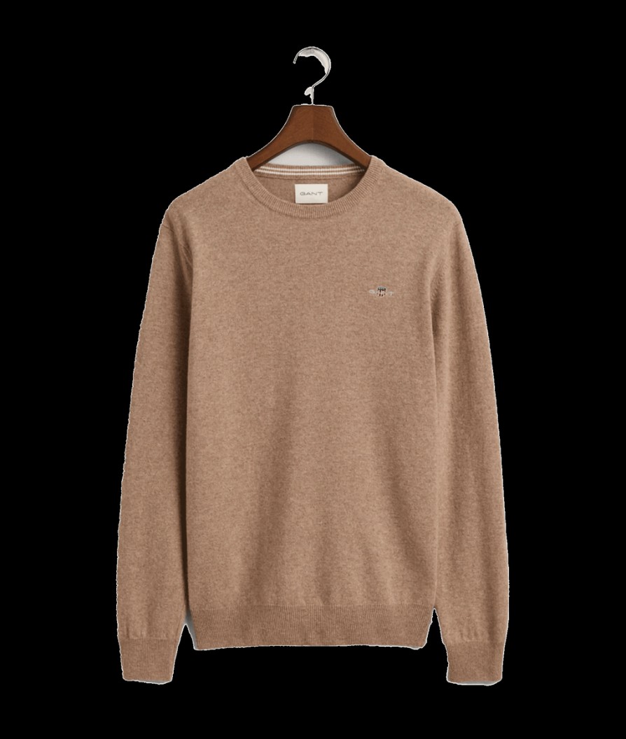 Men Gant Knitwear | Superfine Lambswool Crew Neck Sweater - Dark Sand Melange