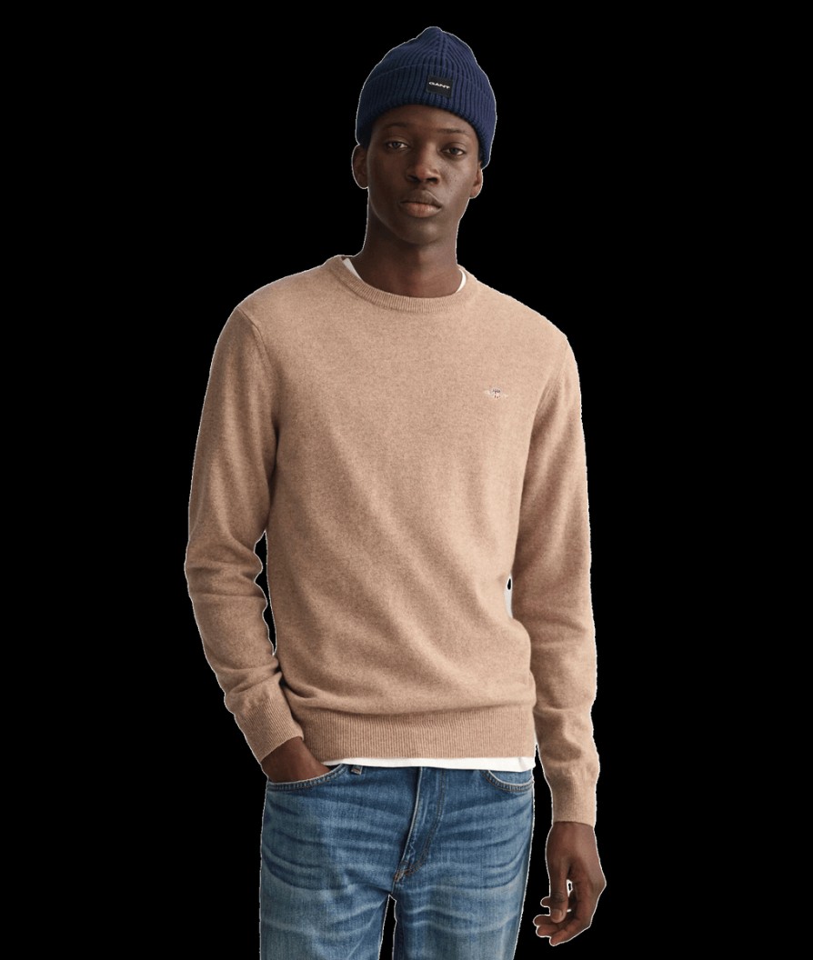 Men Gant Knitwear | Superfine Lambswool Crew Neck Sweater - Dark Sand Melange