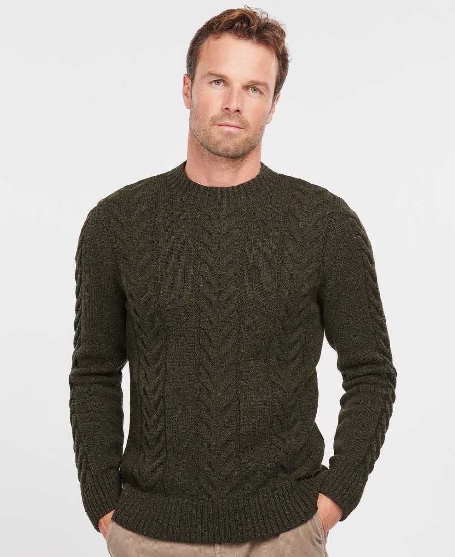 Men Barbour Knitwear | Essential Cable Knit - Olive Marl