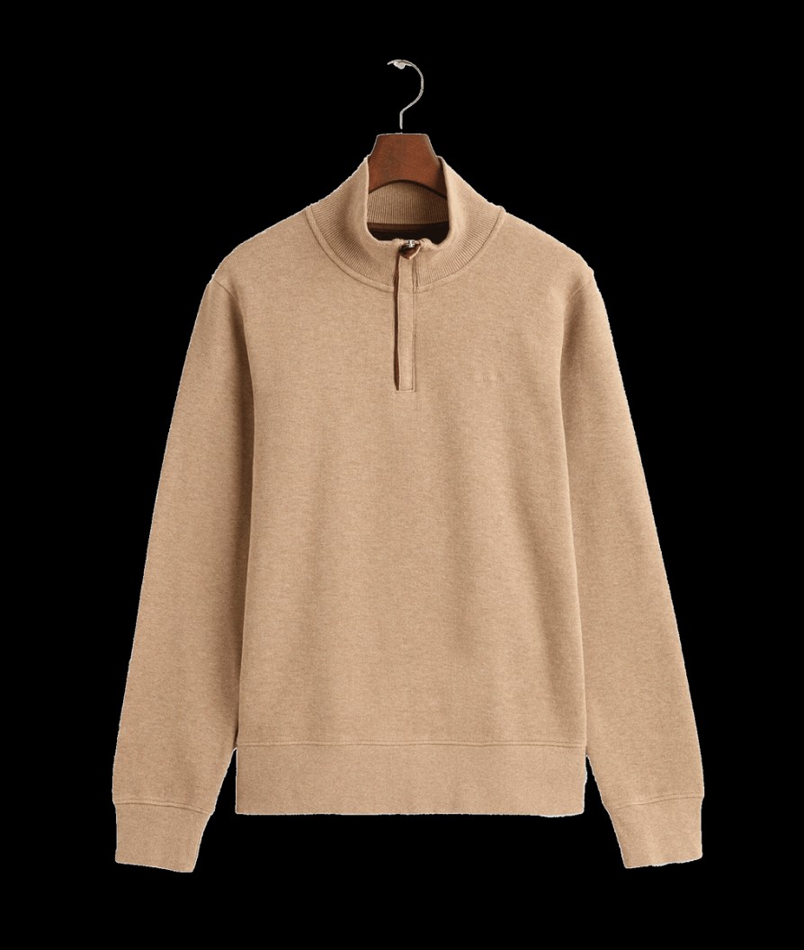 Men Gant Knitwear | Sacker Rib Half-Zip Sweatshirt - Khaki Melange