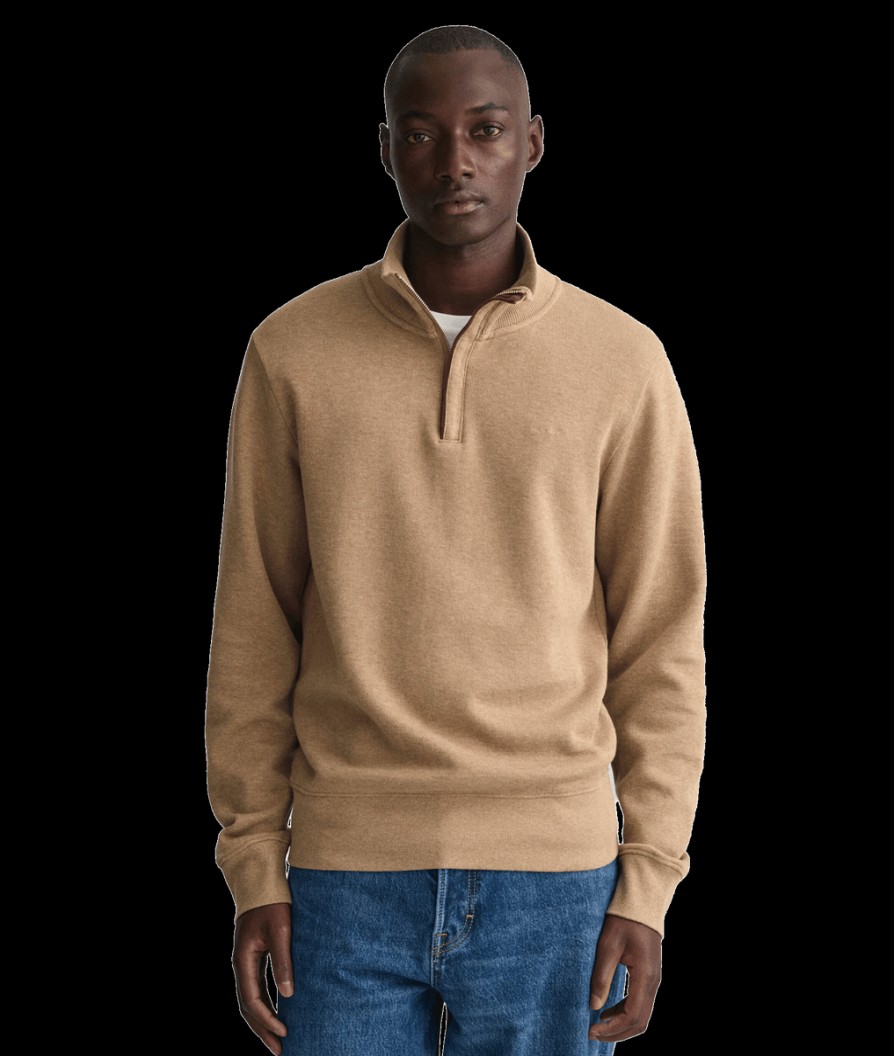 Men Gant Knitwear | Sacker Rib Half-Zip Sweatshirt - Khaki Melange