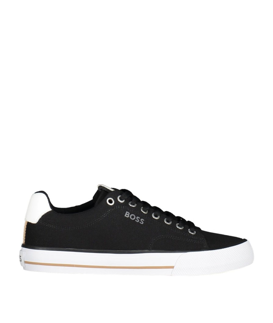 Men Boss Bodywear Boss | Cotton Canvas Trainers With Signature Stripe - Black