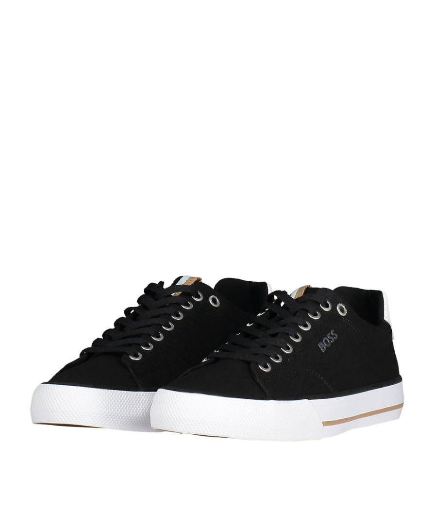 Men Boss Bodywear Boss | Cotton Canvas Trainers With Signature Stripe - Black