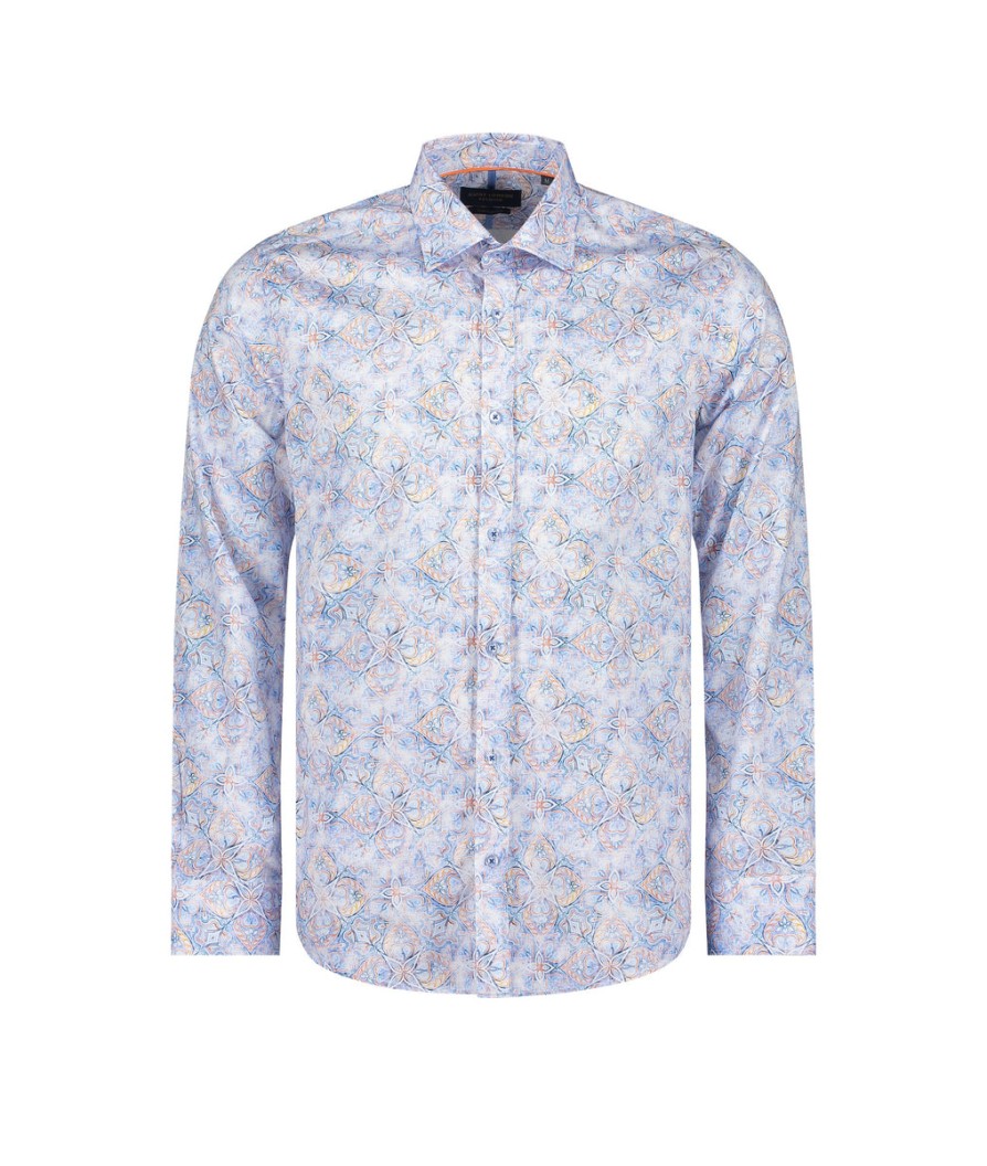 Men Guide London Shirts | Long Sleeve Faded Tile Effect Print - Blue