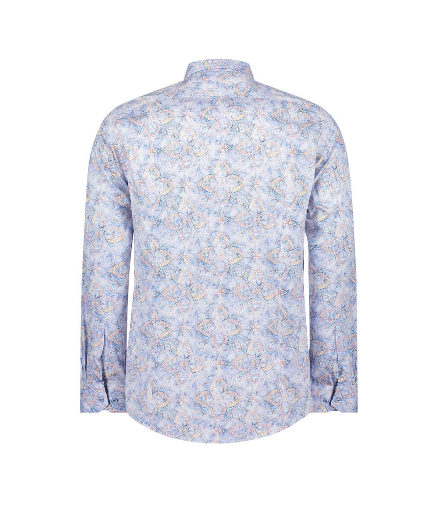 Men Guide London Shirts | Long Sleeve Faded Tile Effect Print - Blue