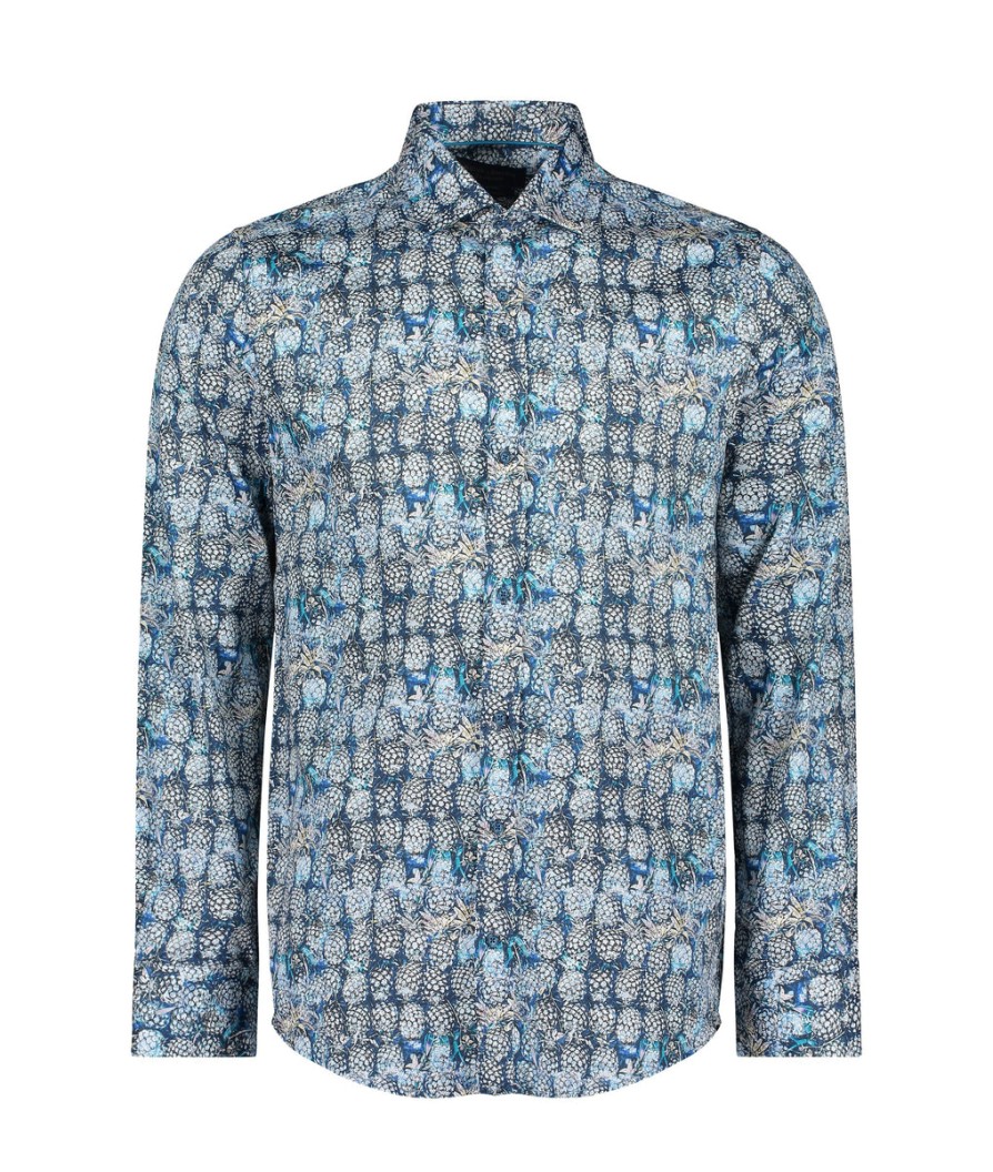 Men Guide London Shirts | Long Sleeve Tonal Pineapple Print Shirt - Blue