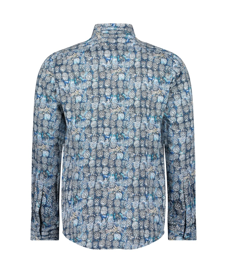 Men Guide London Shirts | Long Sleeve Tonal Pineapple Print Shirt - Blue