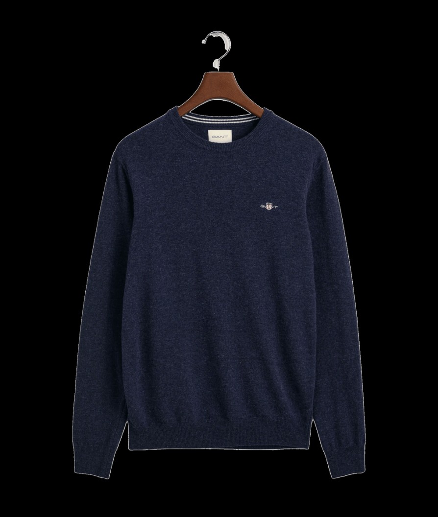 Men Gant Knitwear | Superfine Lambswool Crew Neck Sweater - Dark Navy Melange