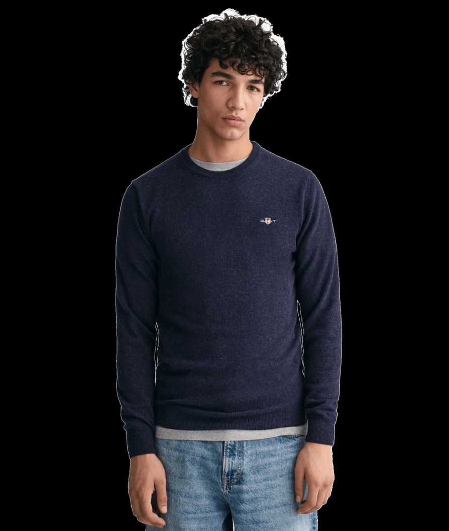 Men Gant Knitwear | Superfine Lambswool Crew Neck Sweater - Dark Navy Melange