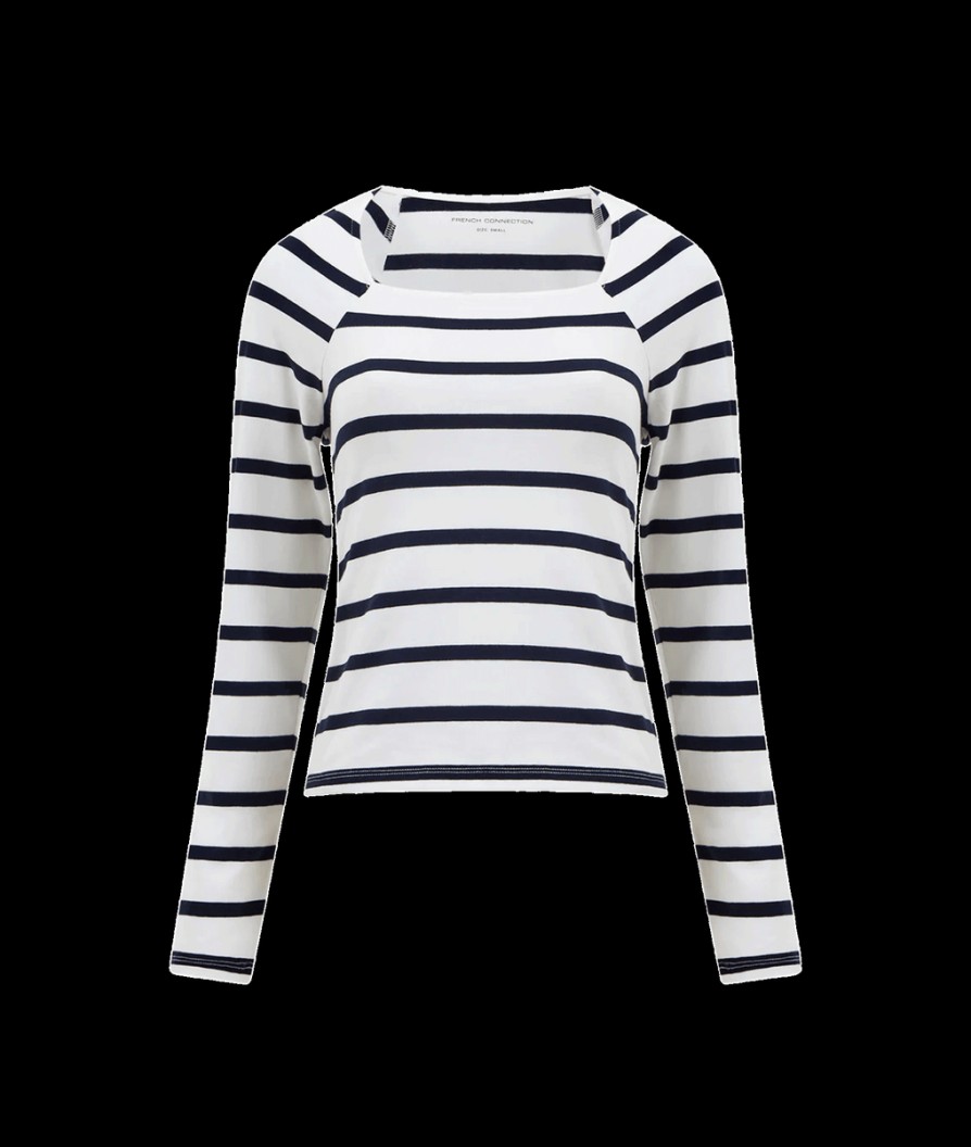 Women French Connection Tops | Rallie Stripe Square Neck Long Sleeve Top - White