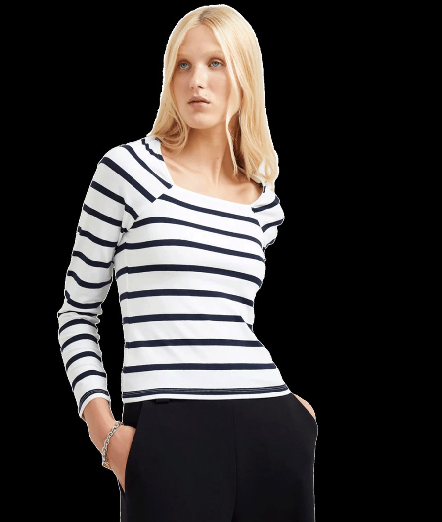 Women French Connection Tops | Rallie Stripe Square Neck Long Sleeve Top - White