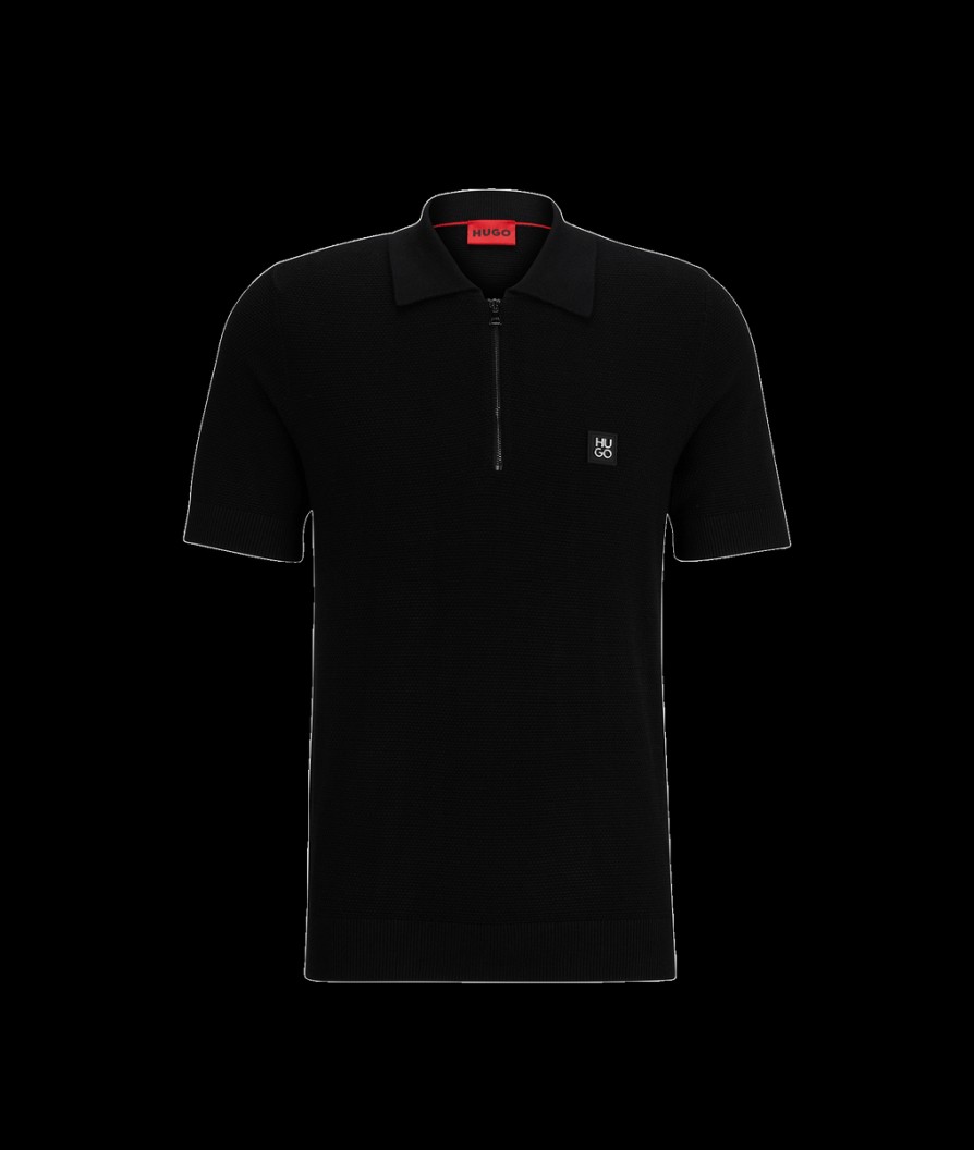 Men Hugo Hugo | Short Sleeved Zip Neck Polo Sweater - Black