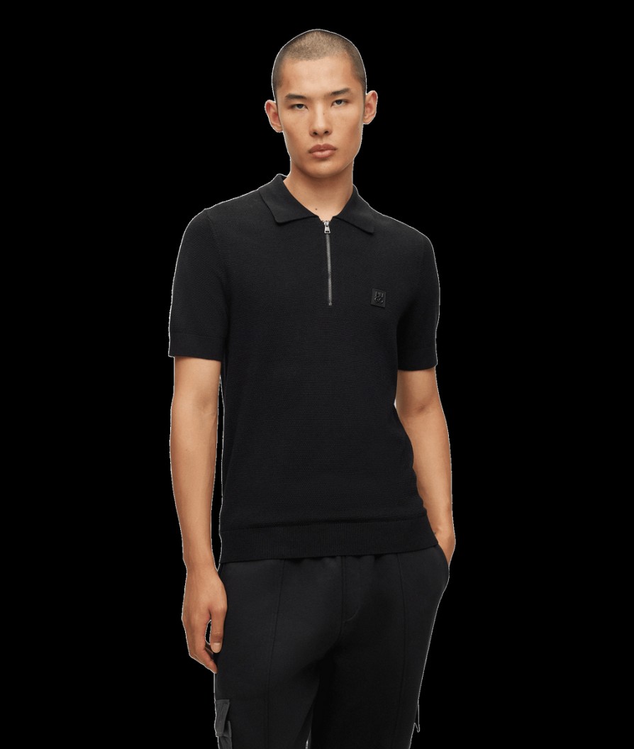 Men Hugo Hugo | Short Sleeved Zip Neck Polo Sweater - Black