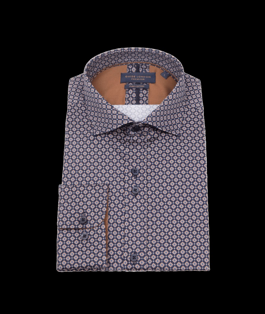 Men Guide London Shirts | Geometric Pattern Long Sleeve Cotton Shirt - Navy